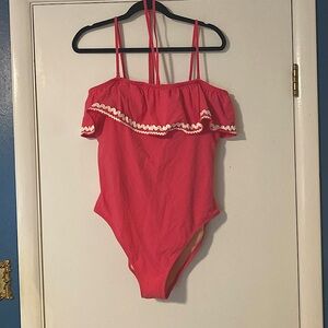 J. Crew Size 14 Pink One Piece Swimsuit with RikRak on Ruffle.